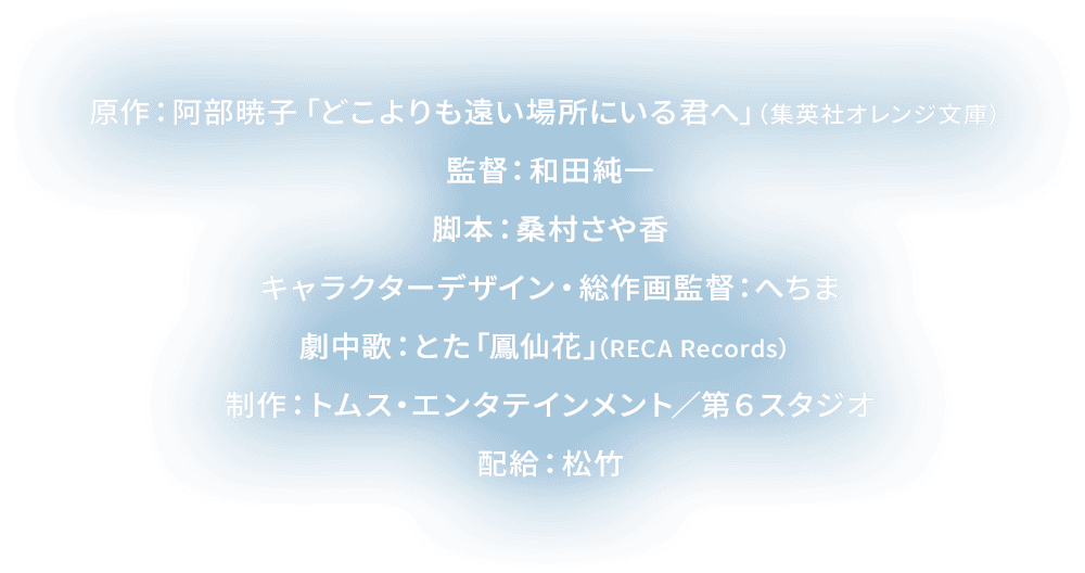 原作：阿部暁子「どこよりも遠い場所にいる君へ」（集英社オレンジ文庫） 監督：和田純一 脚本：桑村さや香 キャラクターデザイン・総作画監督：へちま 配給：松竹