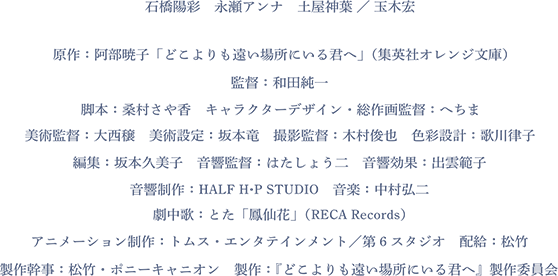 石橋陽彩 永瀬アンナ 土屋神葉／玉木宏 原作：阿部暁子「どこよりも遠い場所にいる君へ」（集英社オレンジ文庫） 監聱：和田純一 脚本：桑村さや香 キャラクターデザイン・総作画監督：へちま 美術監督：大西穰 美術設定：坂本竜 撮影監督：木村俊也 色彩設計：歌川律子 編集：坂本久美子 音響監替：はたしょう二音響効果：出雲範子 音響制作：HALF H・P STUDIO 音楽：中村弘二 劇中歌：とた「鳳仙花」（RECA Records）アニメーション制作：トムス・エンタテインメント/第6スタジオ 配給：松竹 製作幹事：松竹・ポニーキャニオン製作：『どこよりも遠い場所にいる君へ』製作委員会